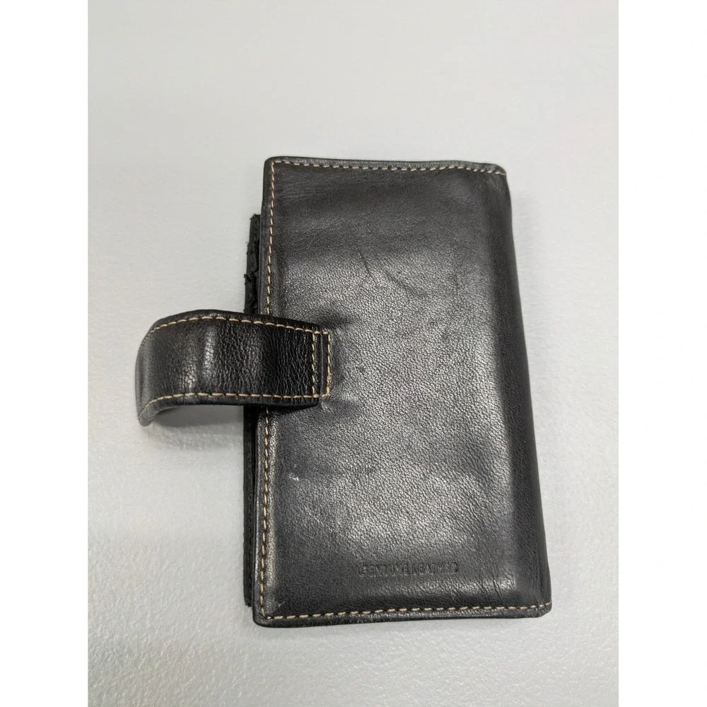 Black Genuine Leather Wallet Slim Card ID Holder‎ Fold over Snap Minimalist